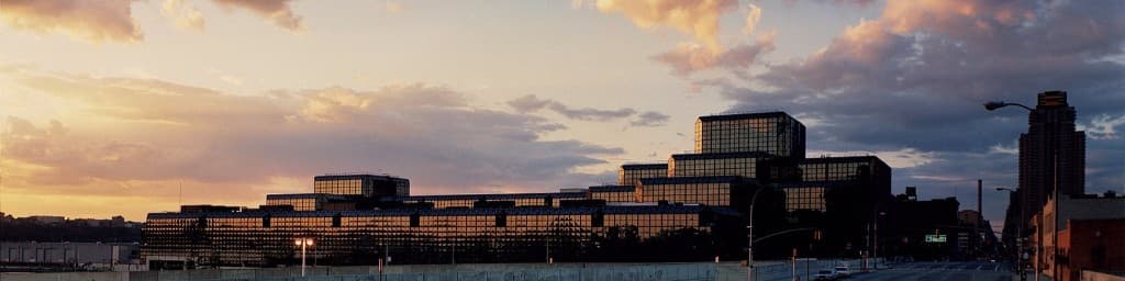Convention center exterior at sunset