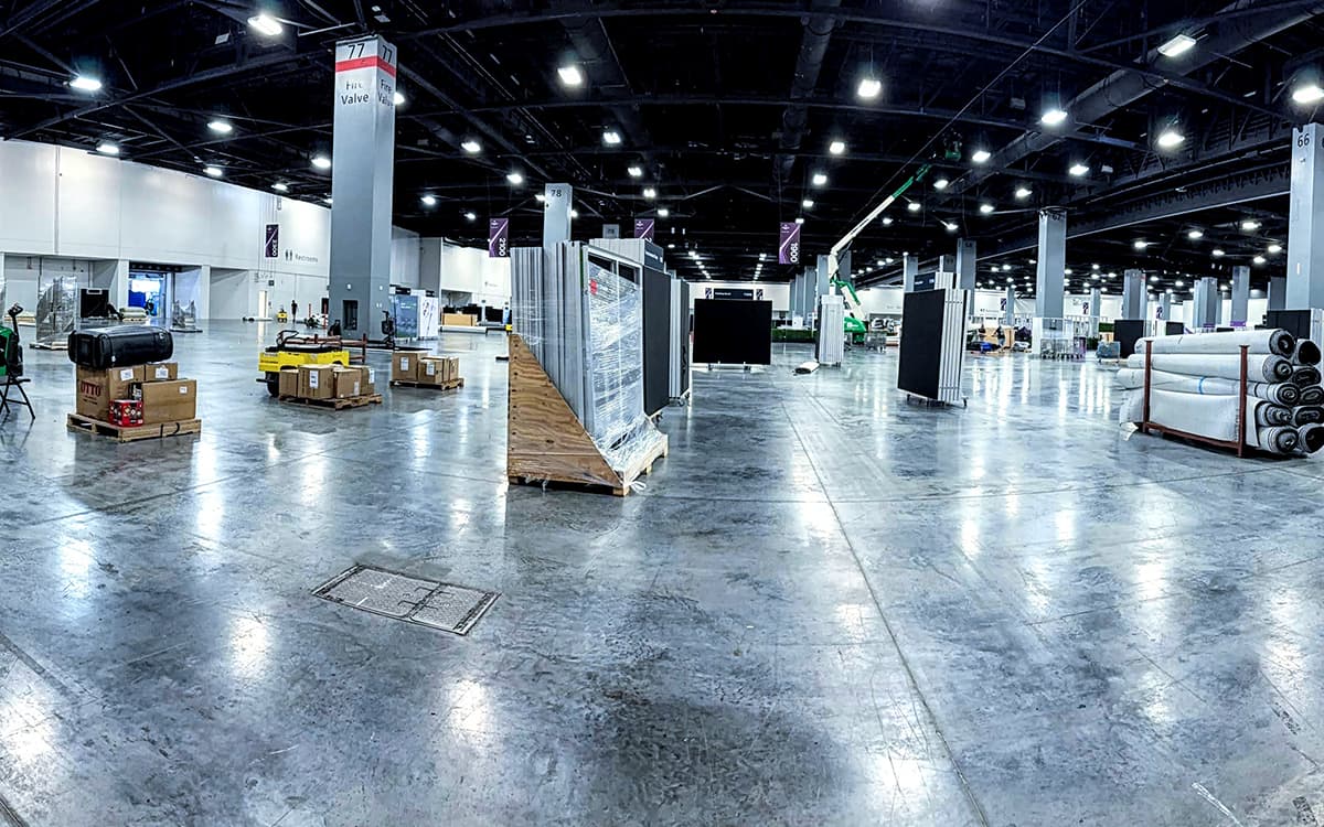 Large convention hall layout during show setup