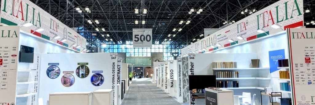 Italian pavilion aisle with Italia branding at a major convention center
