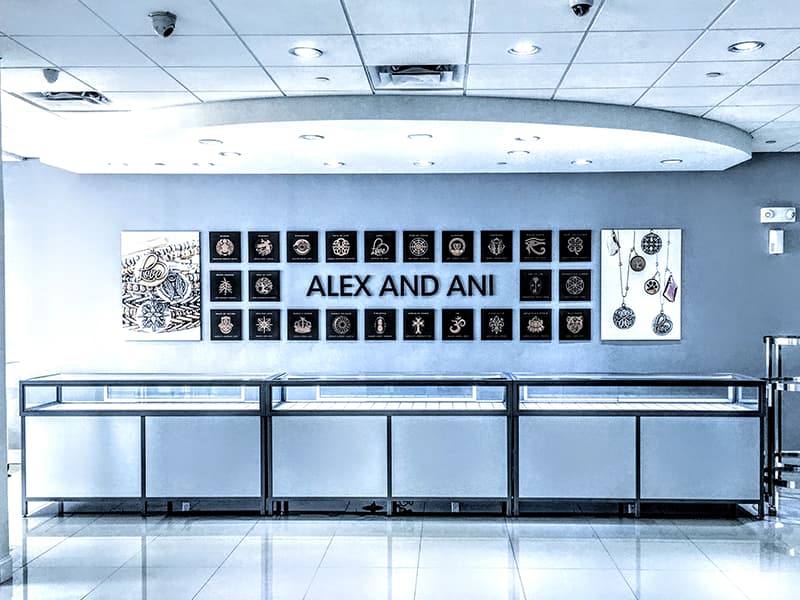 Alex and Ani retail display fixtures in a permanent store installation